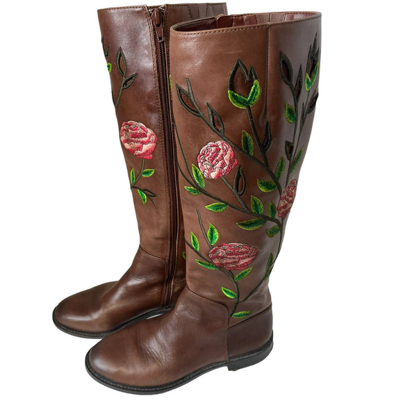 Gianni Bini Leather Boots Vintage Floral Embroidered Cutout - Picture 2 of 15